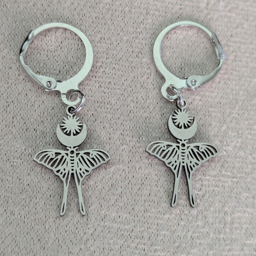 Silver Moon & Moth Dangle Earrings - Women's Jewelry